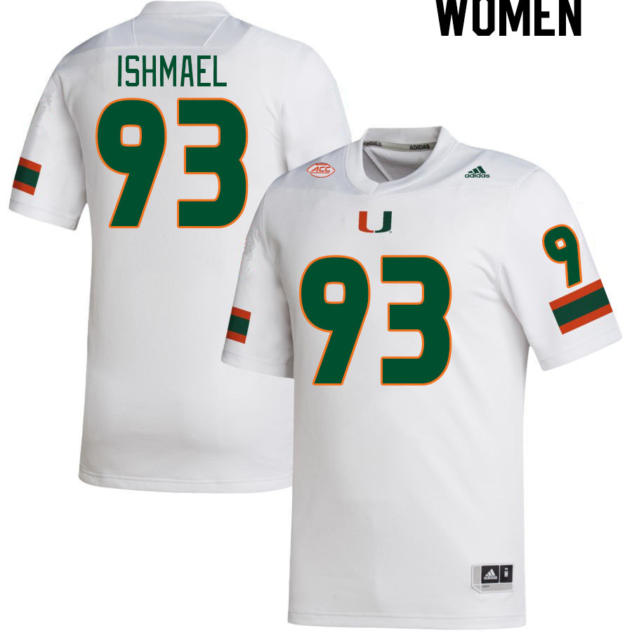 Women #93 Jabari Ishmael Miami Hurricanes College Football Jerseys Stitched-White